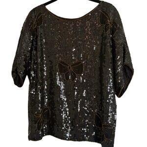 Vintage Joseph Le Bon Black Silk Sequin Beaded Bow Top Size Medium Evening